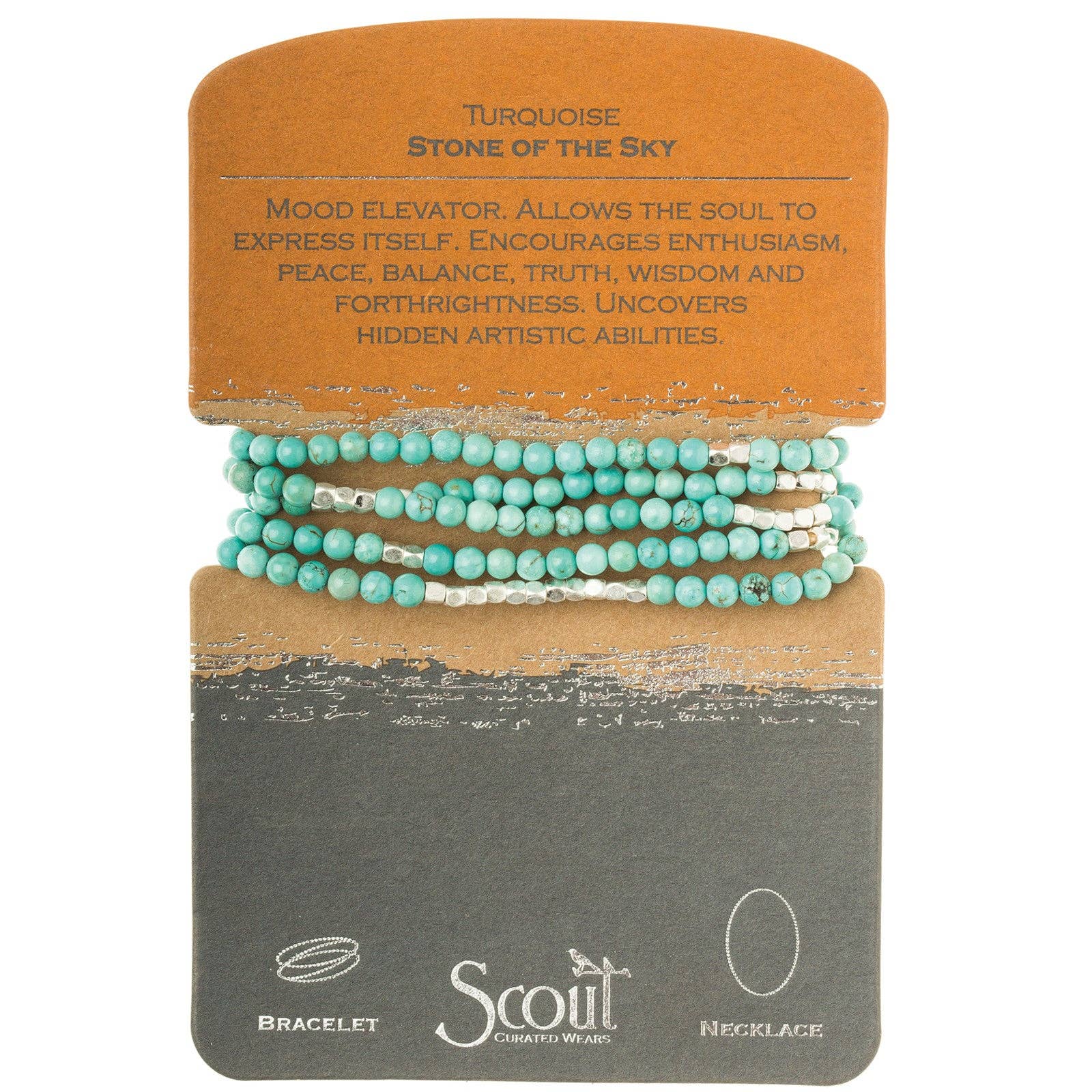 A bracelet made with turquoise and silver beads, featuring a mix of blue and white beads, presented on a card with 'Stone of the Sky' text and the Scout brand logo.