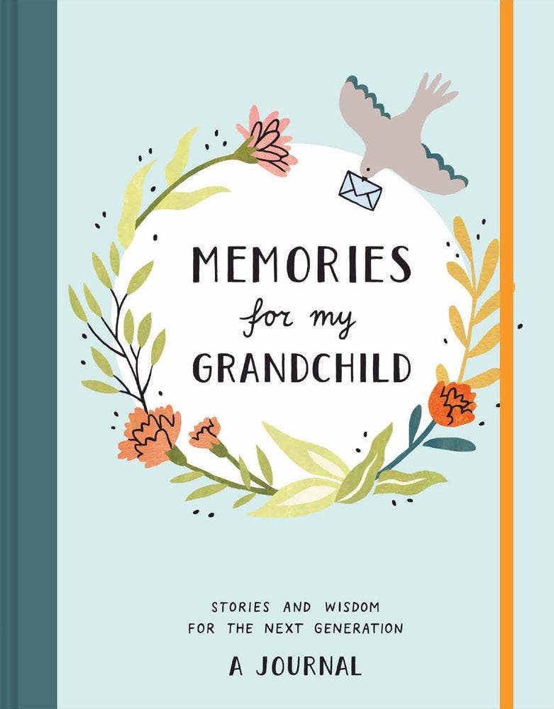 Journal titled 'Memories for my Grandchild' with decorative elements on a light blue background