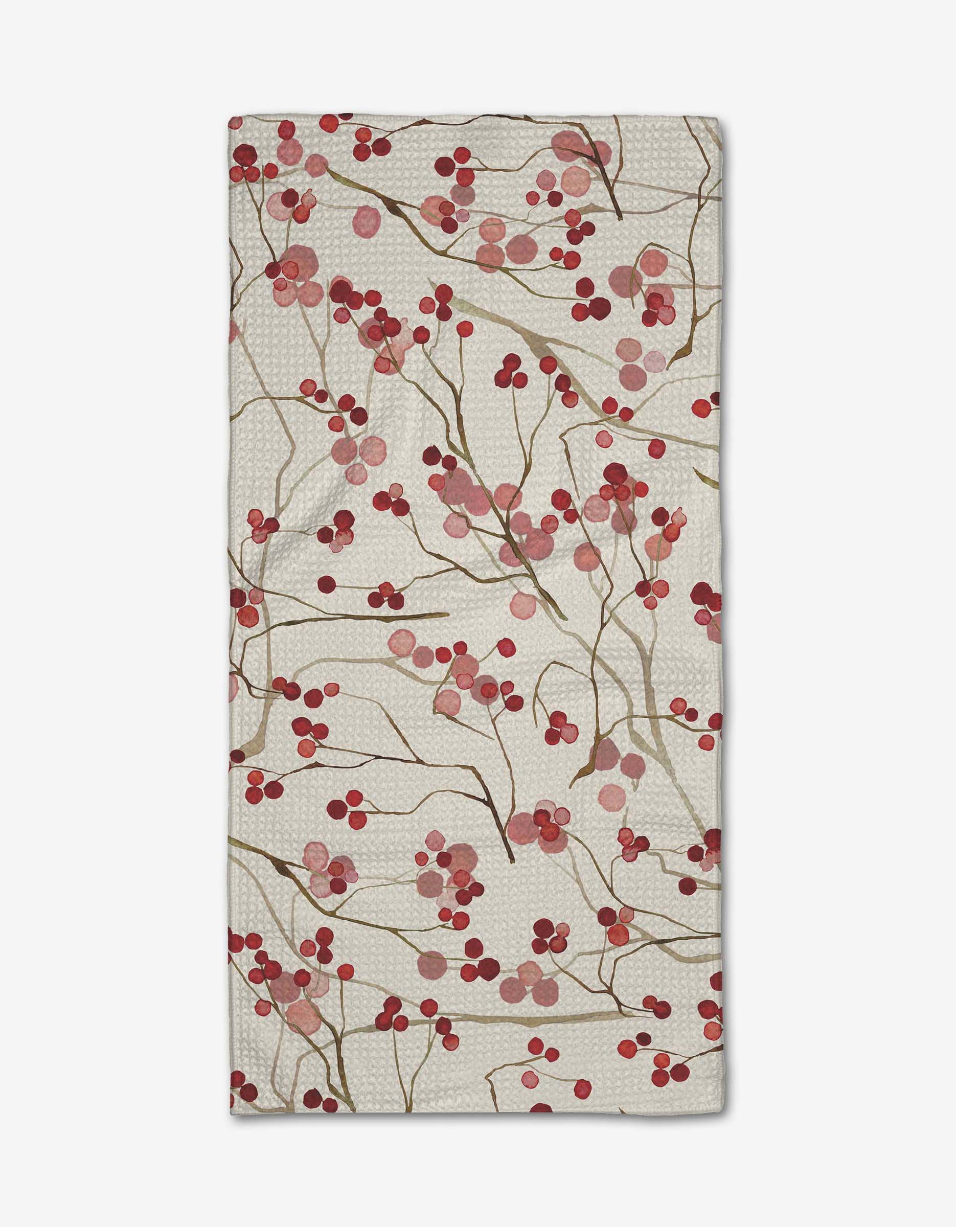 Towel with red berry pattern on a beige background