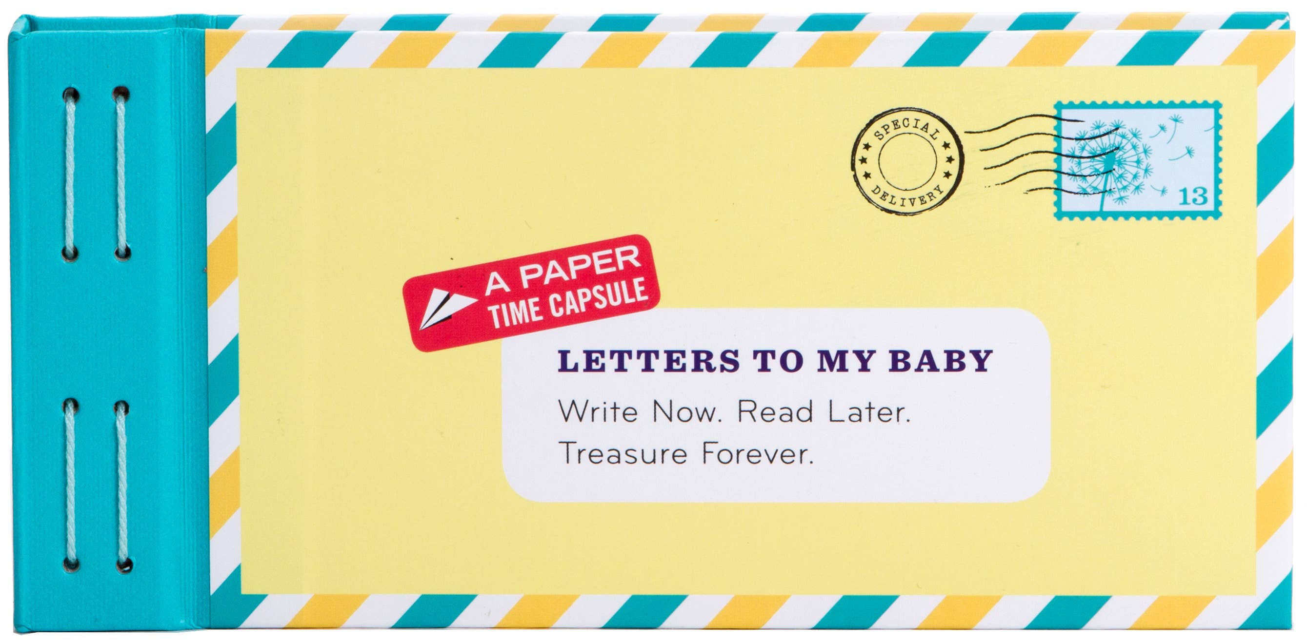 Time capsule book titled 'Letters to My Baby' with a yellow cover and blue spine.