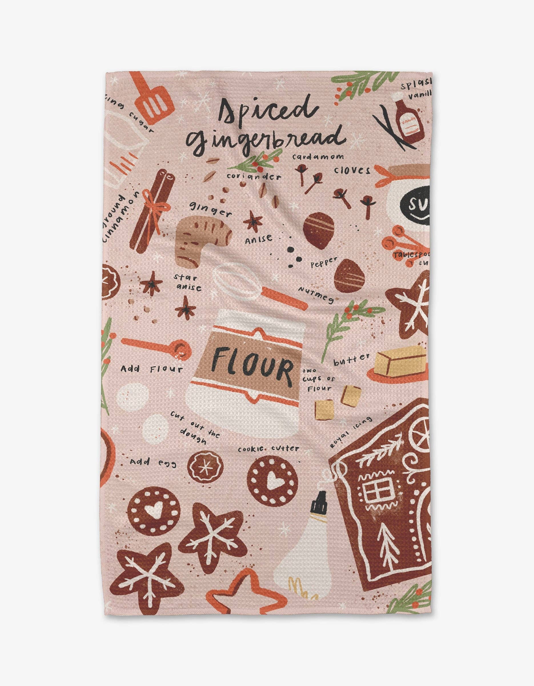 A beige kitchen towel with a Christmas-themed pattern featuring gingerbread cookies, flour, and festive decorations.