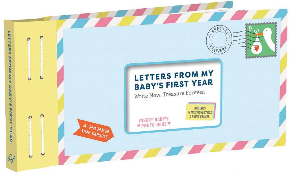 Memory book titled 'Letters from My Baby's First Year' with colorful envelope design on a white background