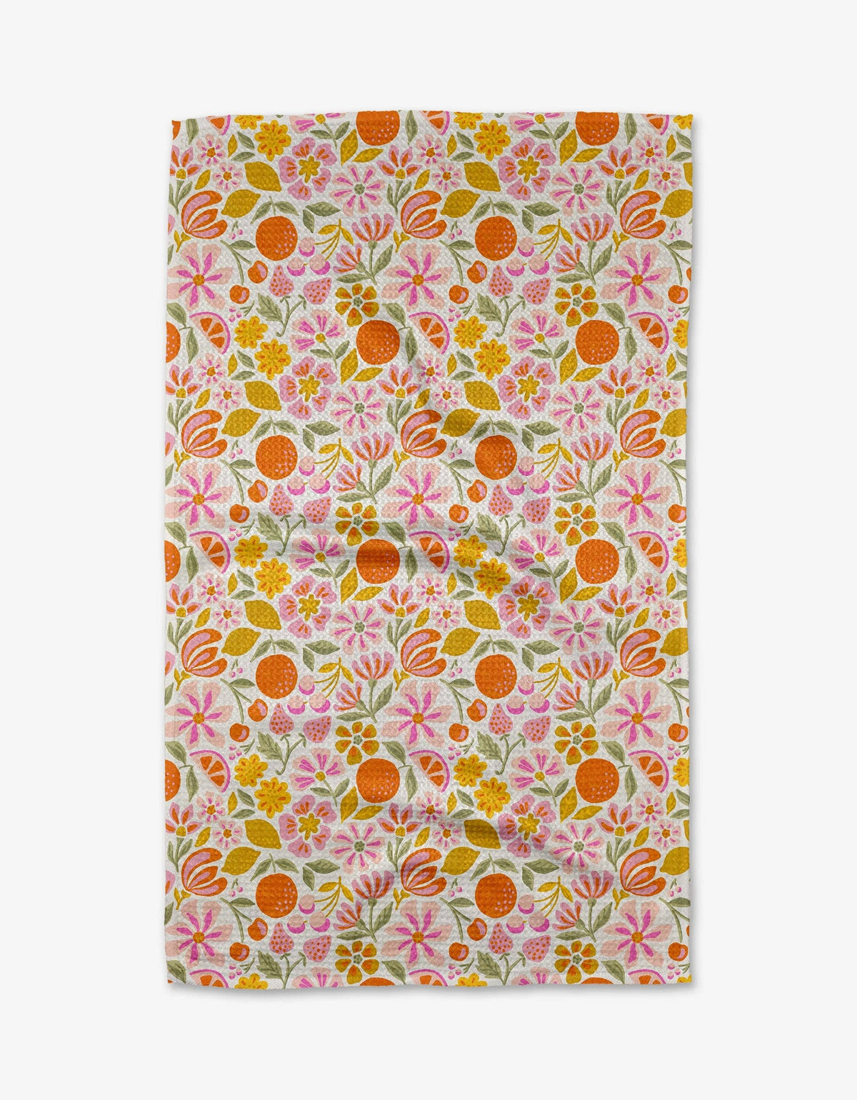 Floral patterned towel with pink, orange, and green colors on a white background