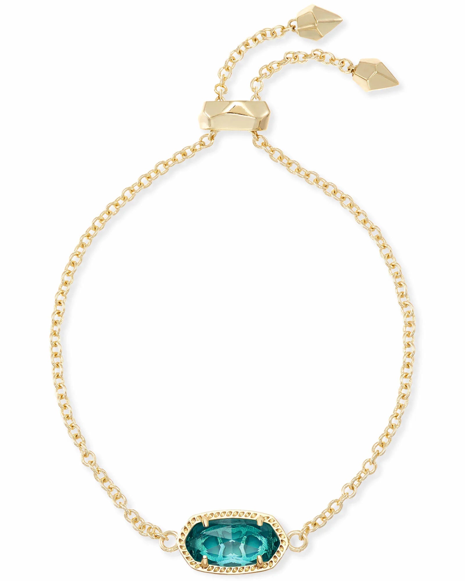 A gold-colored adjustable chain bracelet with a station pendant featuring a blue-green stone.
