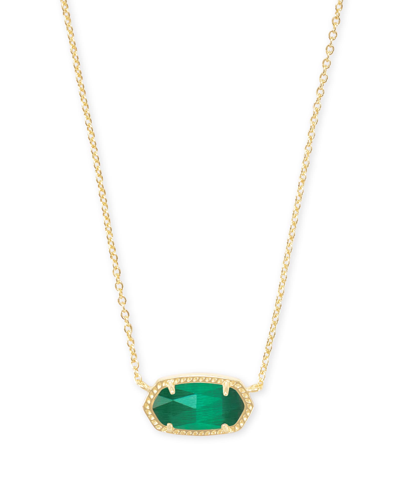 Gold necklace with a green pendant on a white background