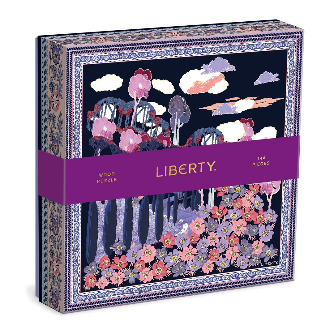 A puzzle box with a floral pattern design, labeled 'Liberty' and '144 Pieces', indicating it is a wooden puzzle box from the brand Liberty.