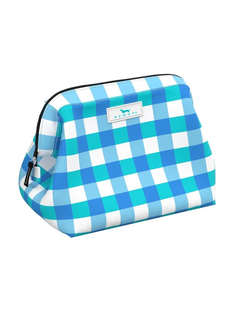 A makeup bag with a blue and white checkered pattern, featuring a zipper closure and a black strap.