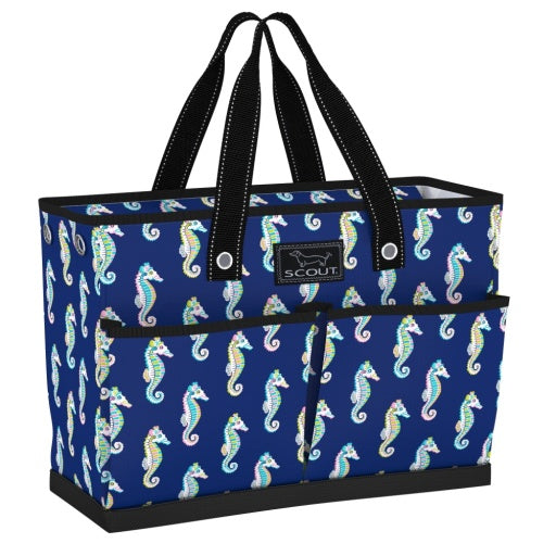 A large tote bag with a blue checkered pattern and blue crab illustrations. The bag has multiple pockets and is shown with black handles.