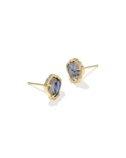 Gold earrings with heart-shaped gemstones on a white background
