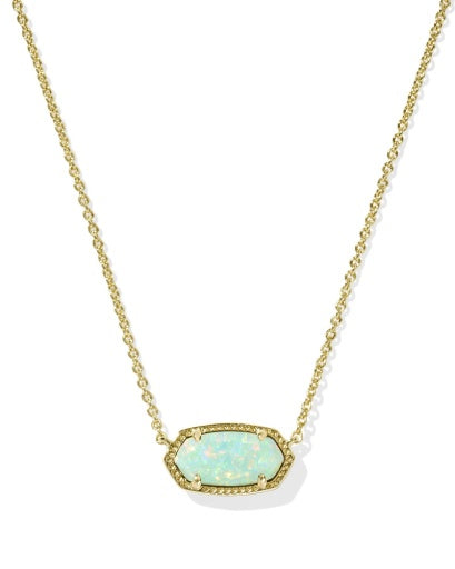 Gold necklace with a green pendant on a white background