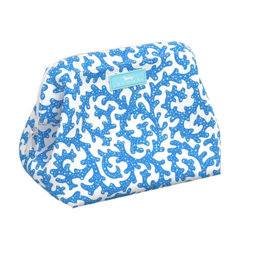 A blue and white patterned cosmetic bag with a wire frame opening, zippered closure, and a tag displaying the brand name.