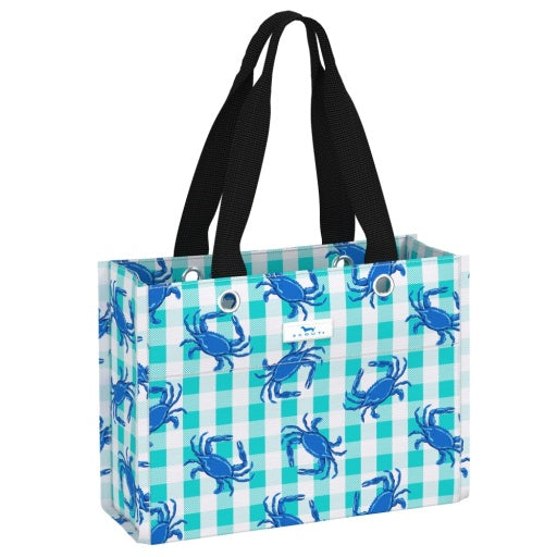 checkered bag with crab blue design and black straps