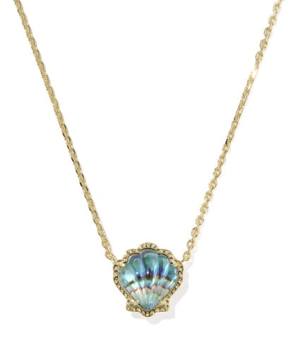 Necklace with a seashell-shaped blue gemstone pendant on a white background