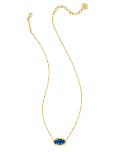 Gold necklace with a blue pendant on a white background