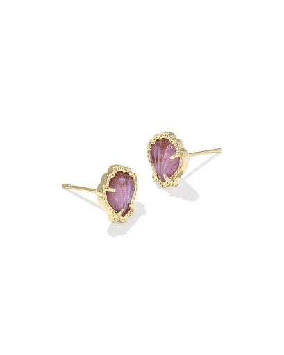 Gold earrings with pink heart-shaped stones on a white background