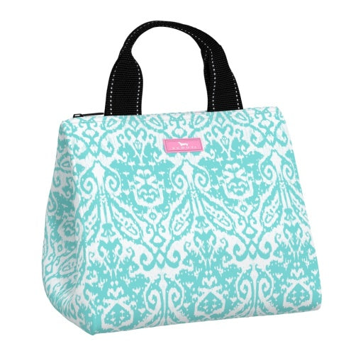 A blue lunch bag with multicolored seahorse patterns, featuring a black handle and a zipper closure.