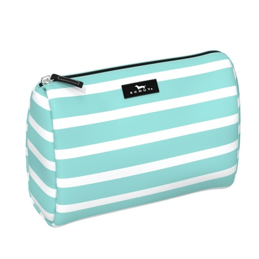 A rectangular cosmetic bag with horizontal mint green and white stripes, featuring a zipper closure and a brand logo on the front.