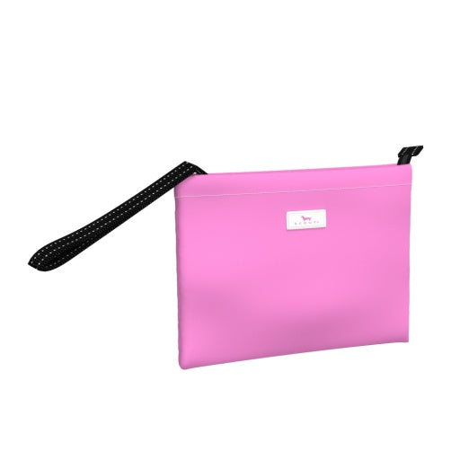 A blue wristlet clutch with a nautical anchor pattern, featuring a black loop handle and a zipper closure.