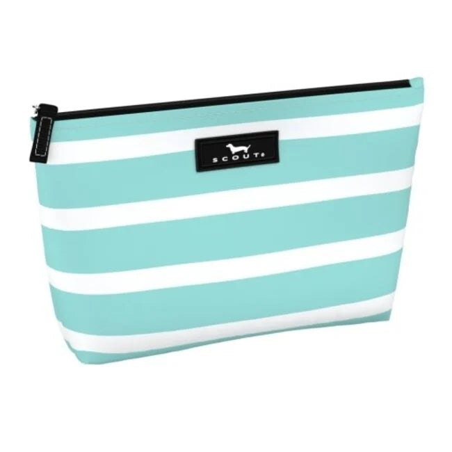 A mint green and white striped makeup bag with a zipper closure and a brand tag displaying 'Scout'.