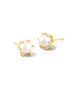 Pair of pearl earrings with gold posts on a white background