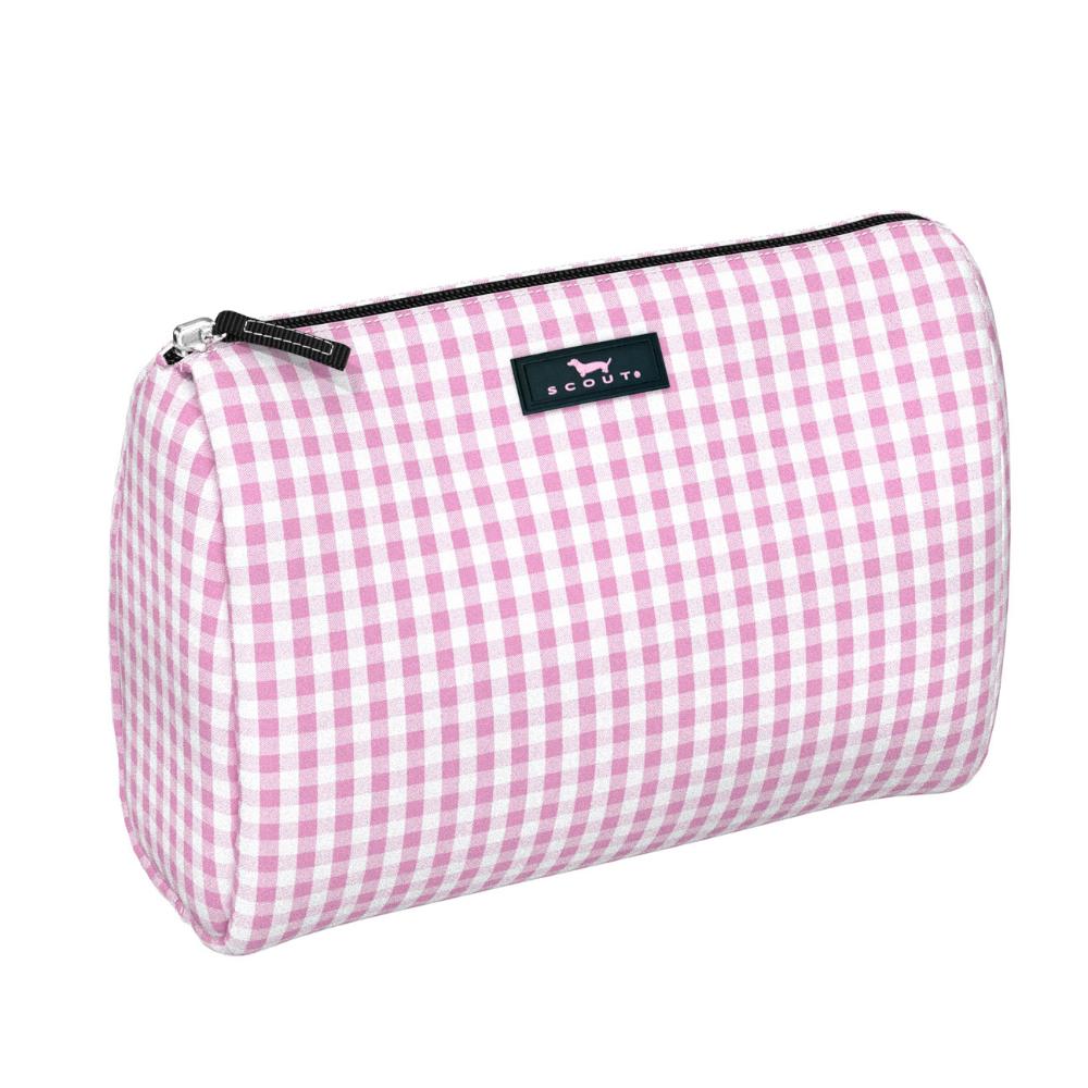 A pink and white checkered cosmetic and toiletry bag with a black strap and zipper.