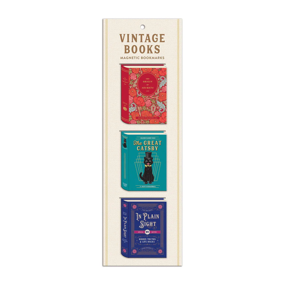 A pack of three magnetic bookmarks with vintage-style designs in red, blue, and black, labeled as 'Vintage Books' by Galison.