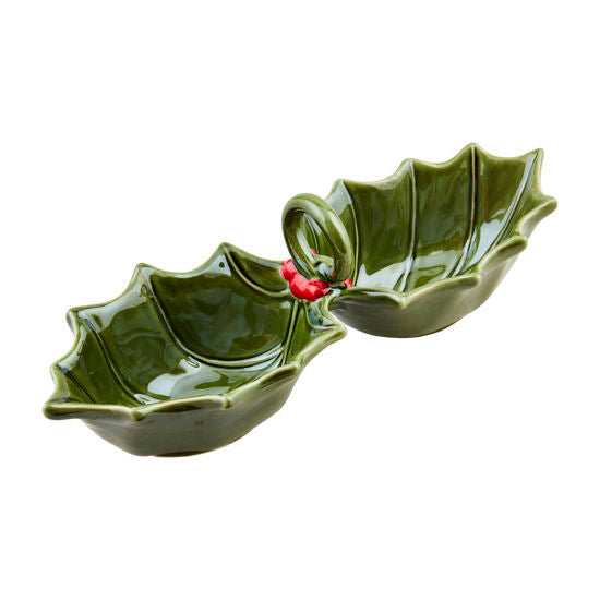 double ceramic dish shaped like holly against a white background
