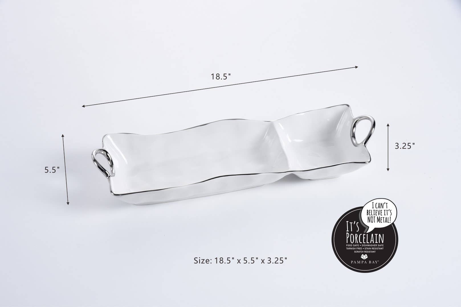 White ceramic tray with dimensions and brand label on a light gray background