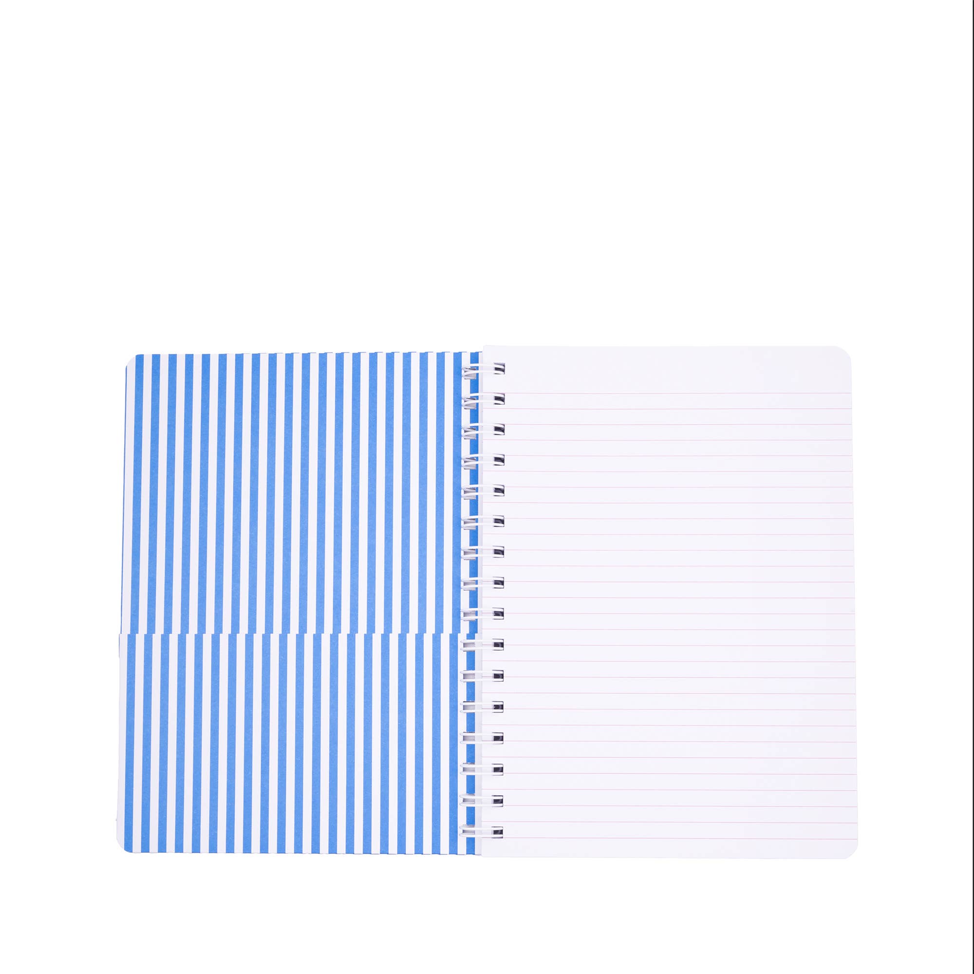 Notebook with blue striped cover and white pages on a white background