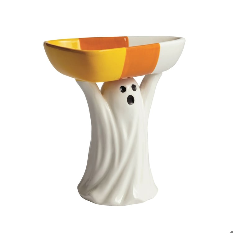 Ceramic ghost bowl with candy corn design on a white background
