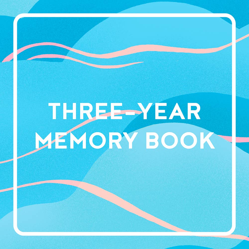 Three-year memory book cover with blue background and white text