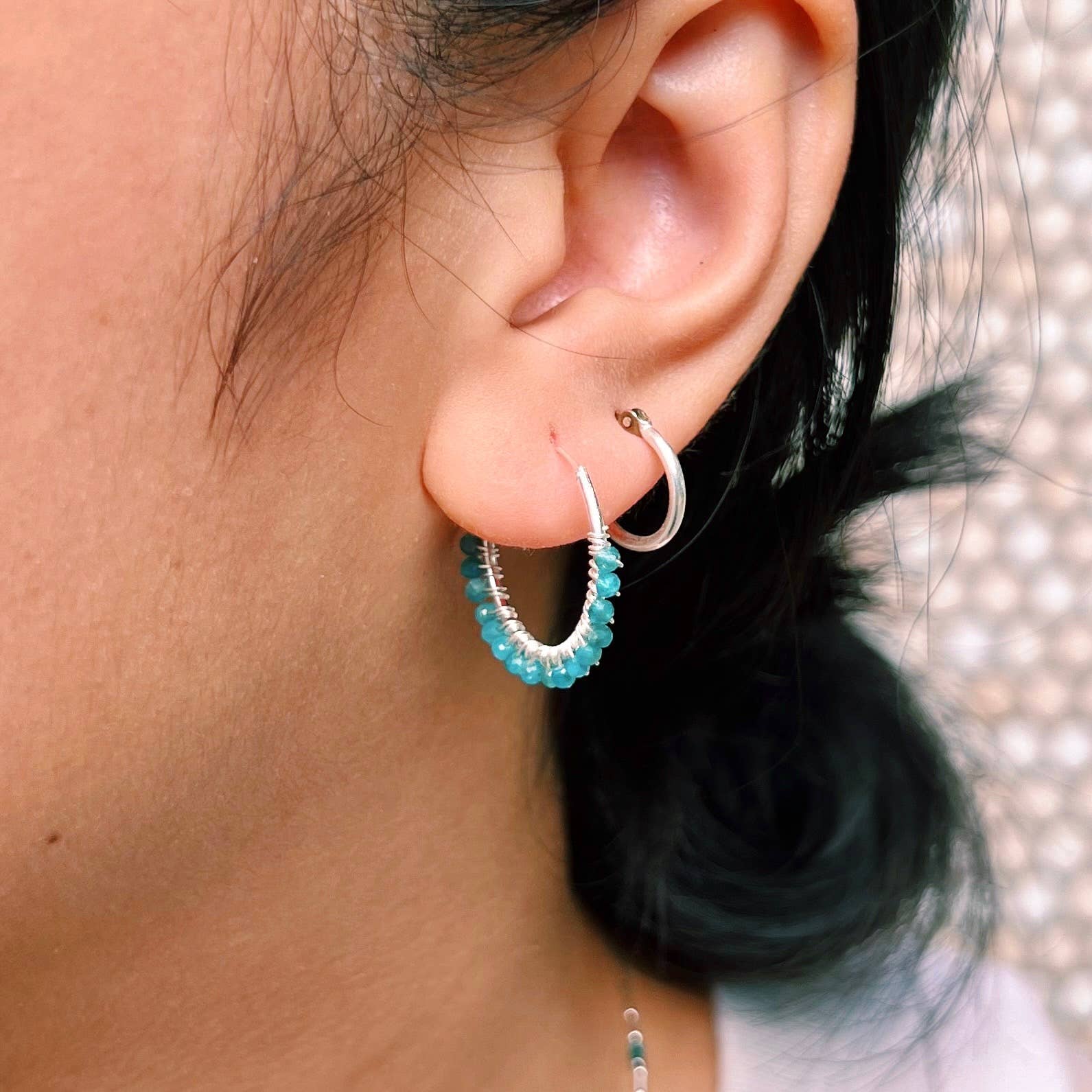 Silver Beaded Stone Wire Wrap Hoops