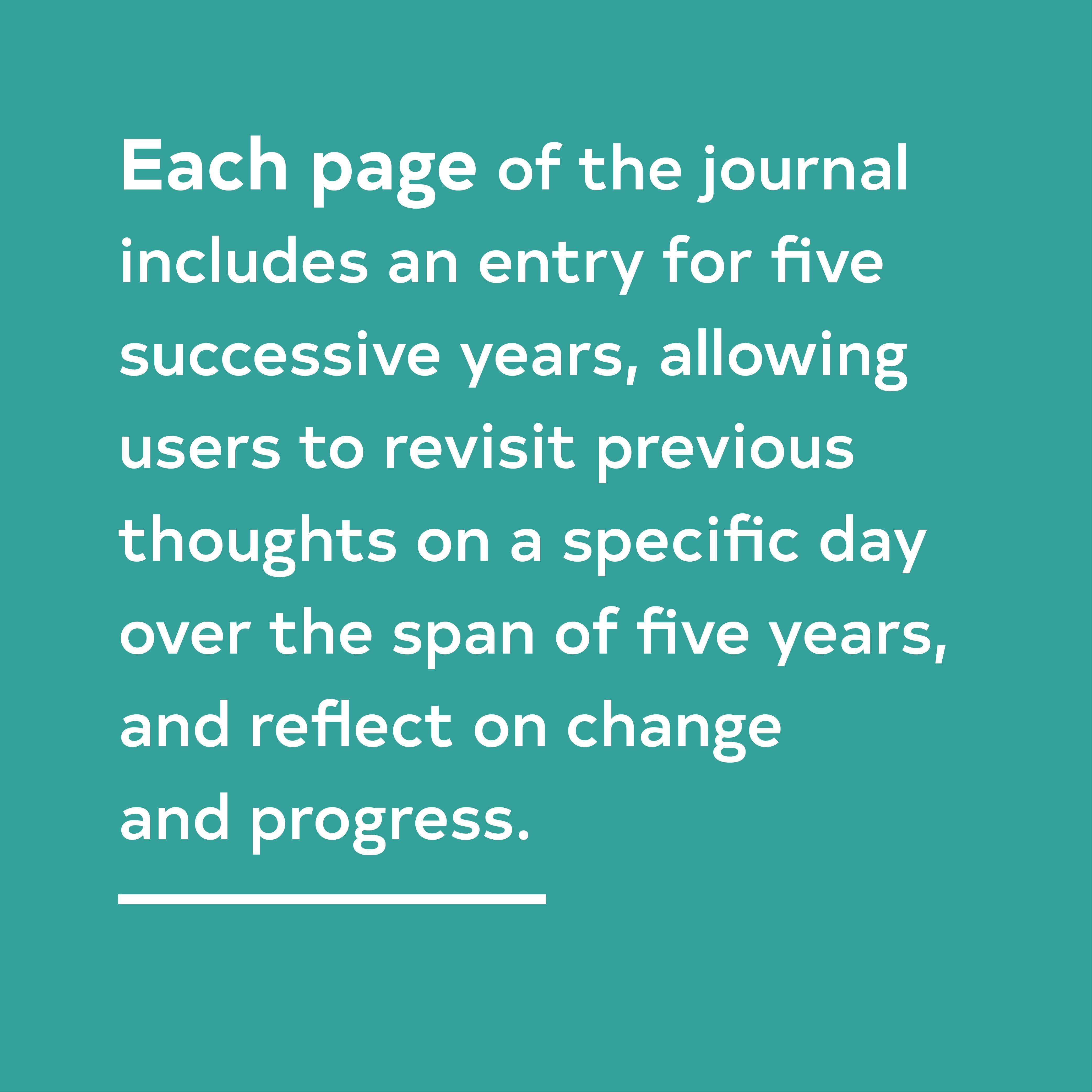 Text on a teal background describing a journal with entries for five years.