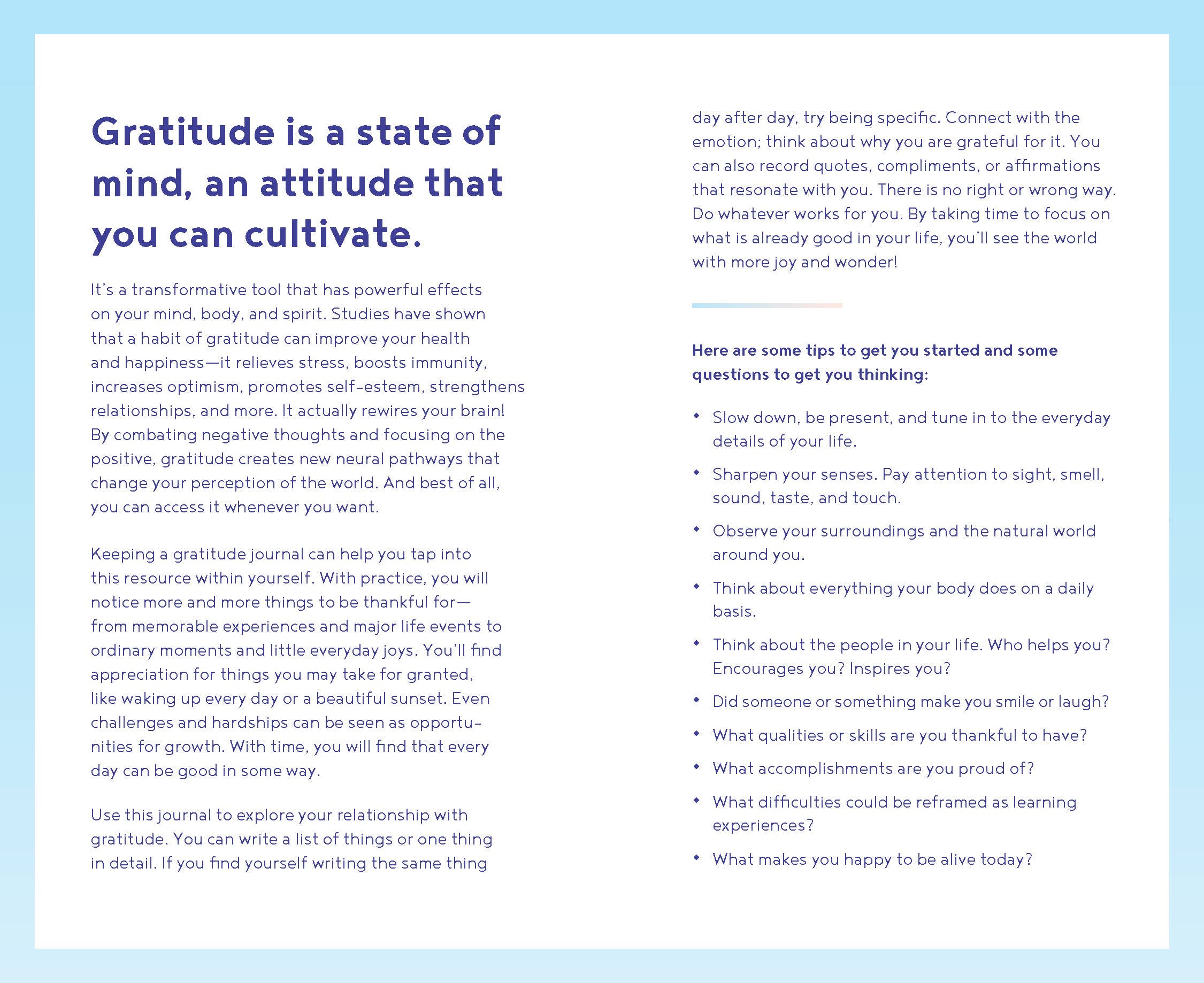 Gratitude journal with text on a blue background