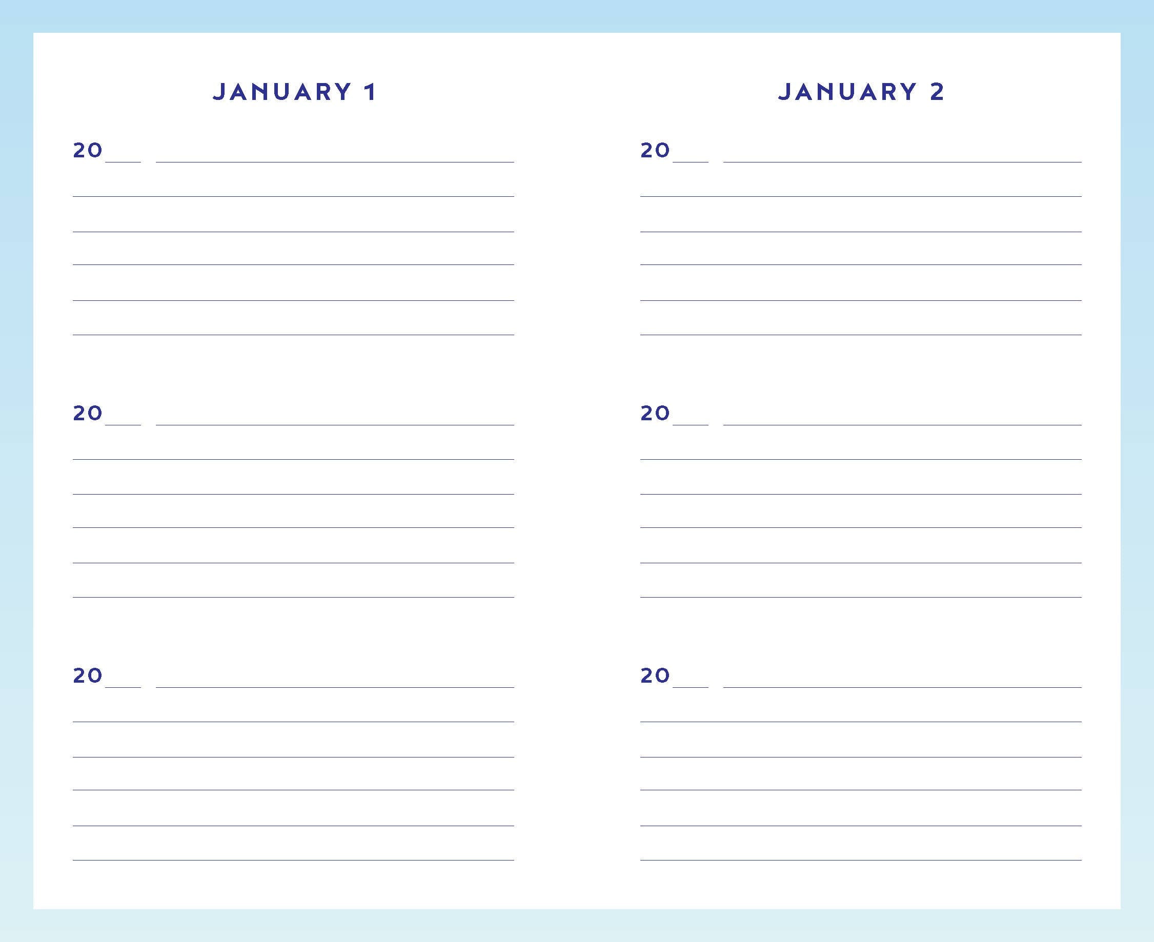 Two-day calendar template for January 1st and January 2nd on a light blue background.