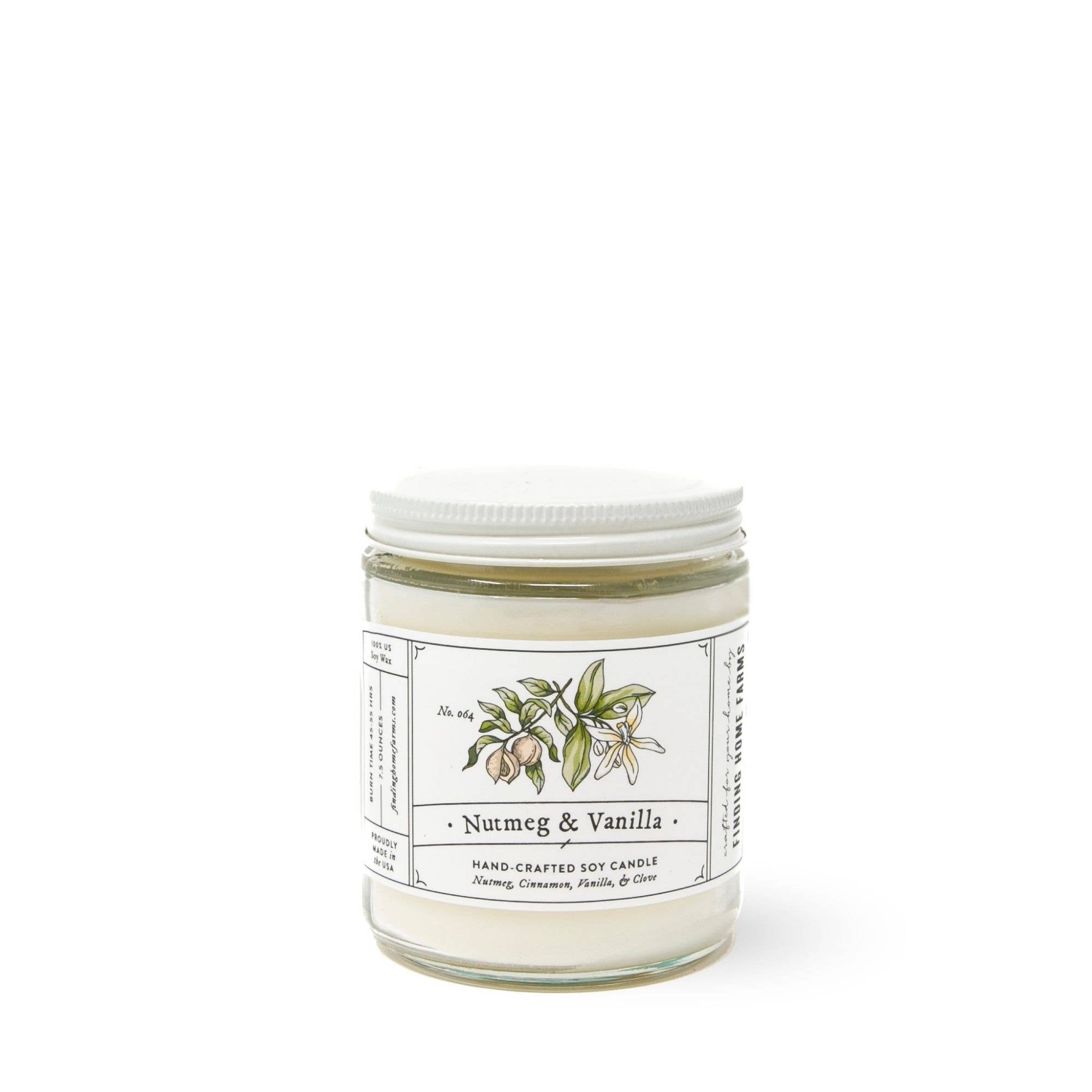 Jar of handcrafted soy candle labeled 'Nutmeg & Vanilla' on a white background
