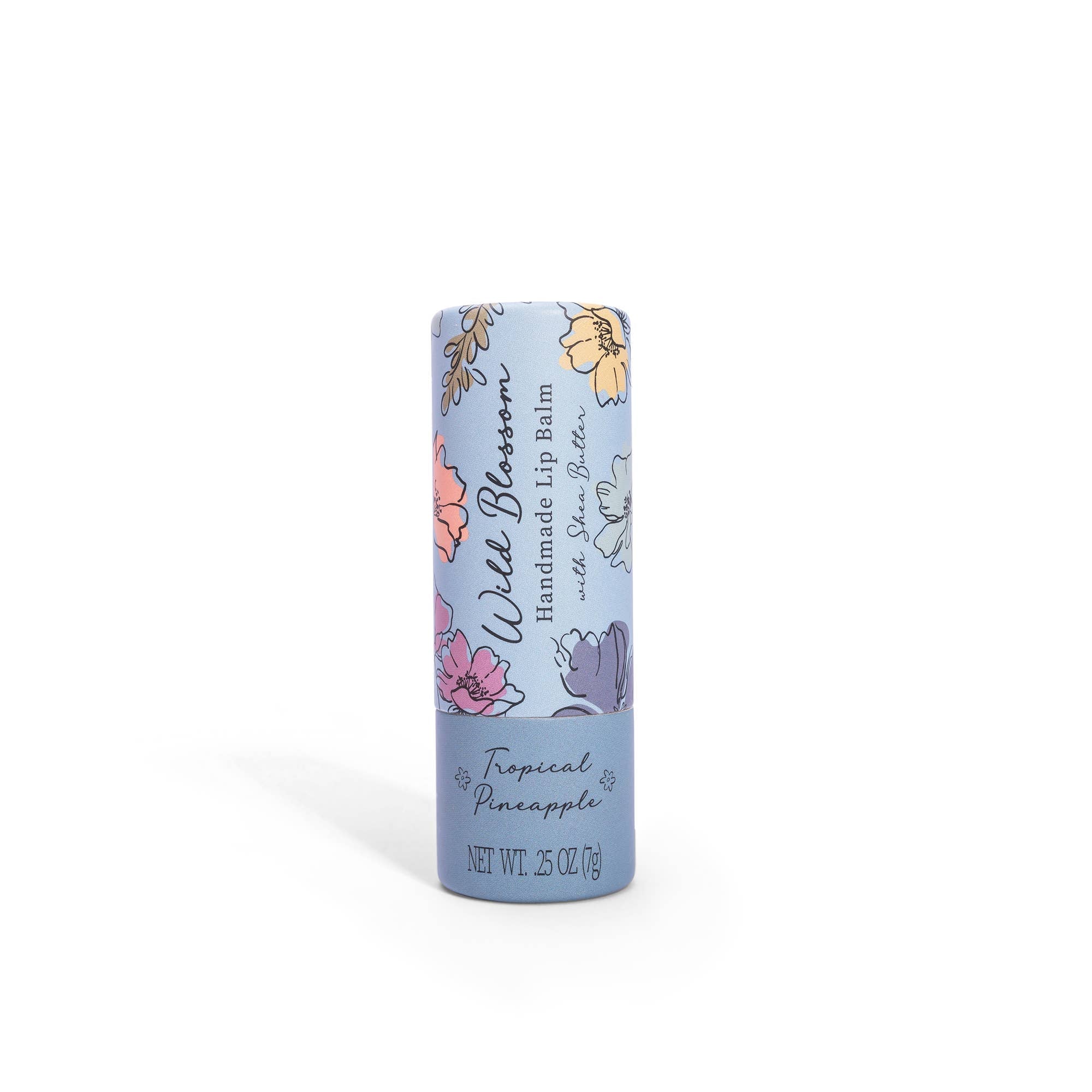 Lip balm with floral design on a light blue background