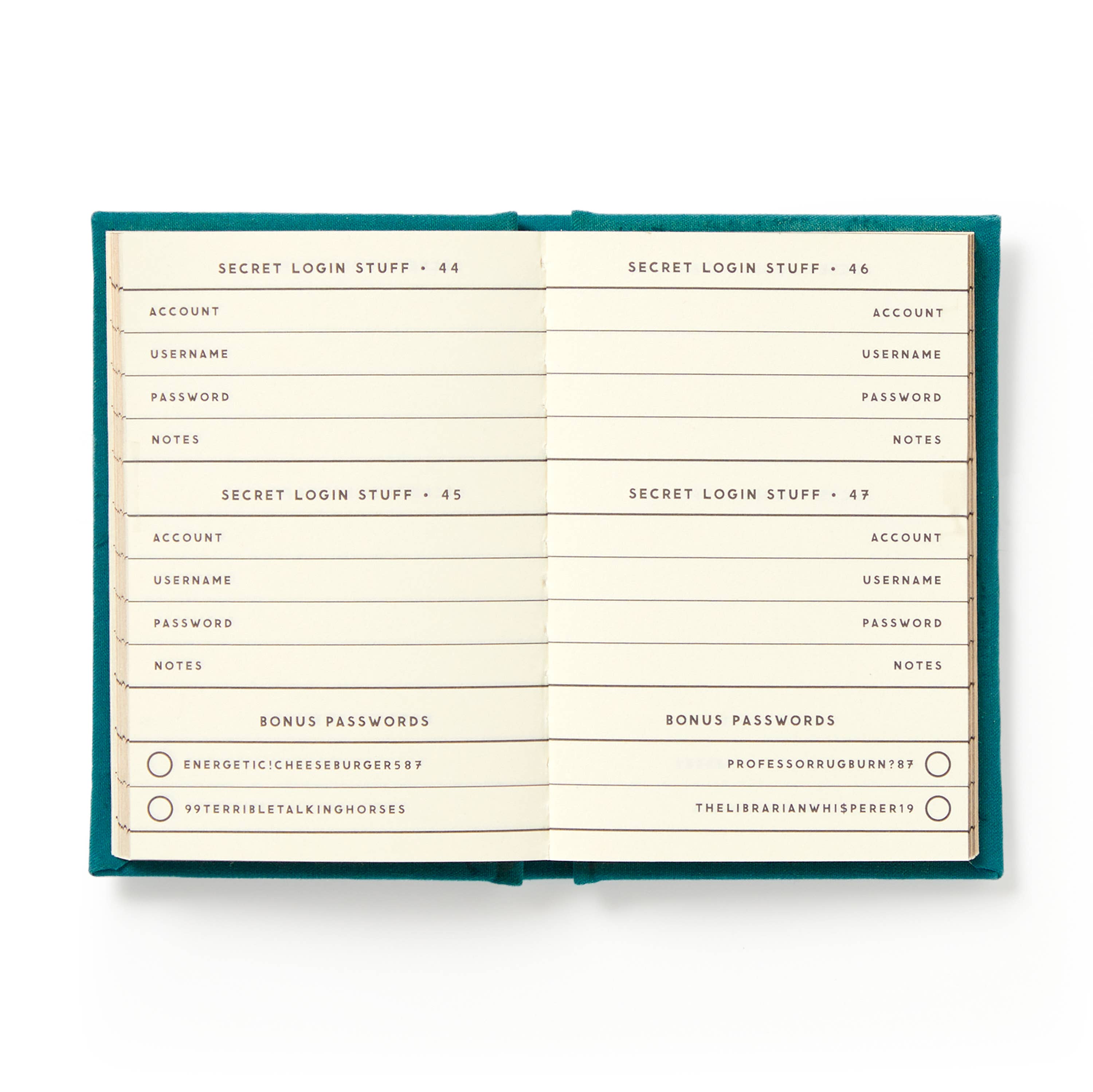 Password manager book with pages for secret login information on a white background