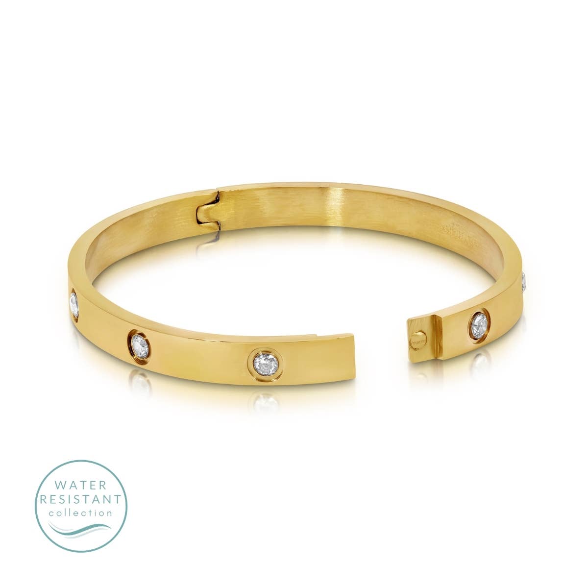 Cubic Zirconia Hinged Bracelet, Water-Resistant: Gold