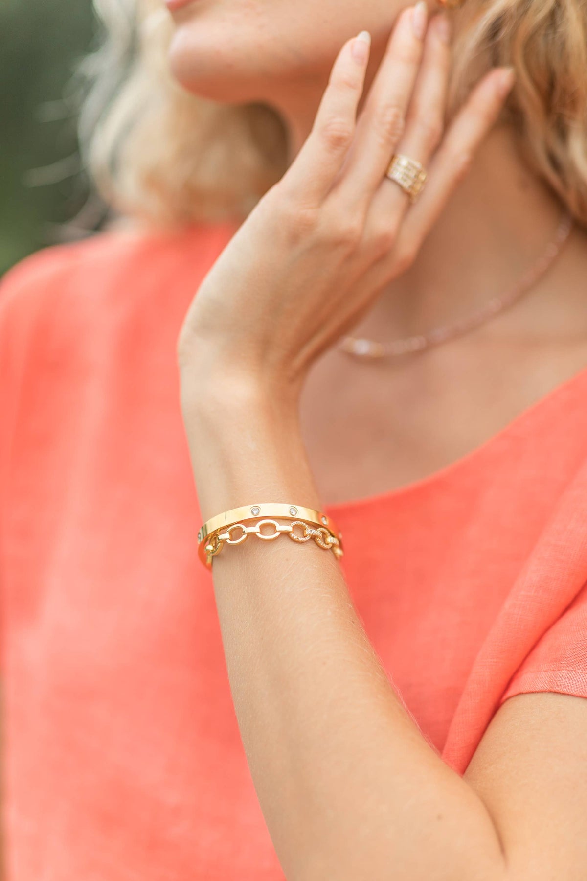 Cubic Zirconia Hinged Bracelet, Water-Resistant: Gold