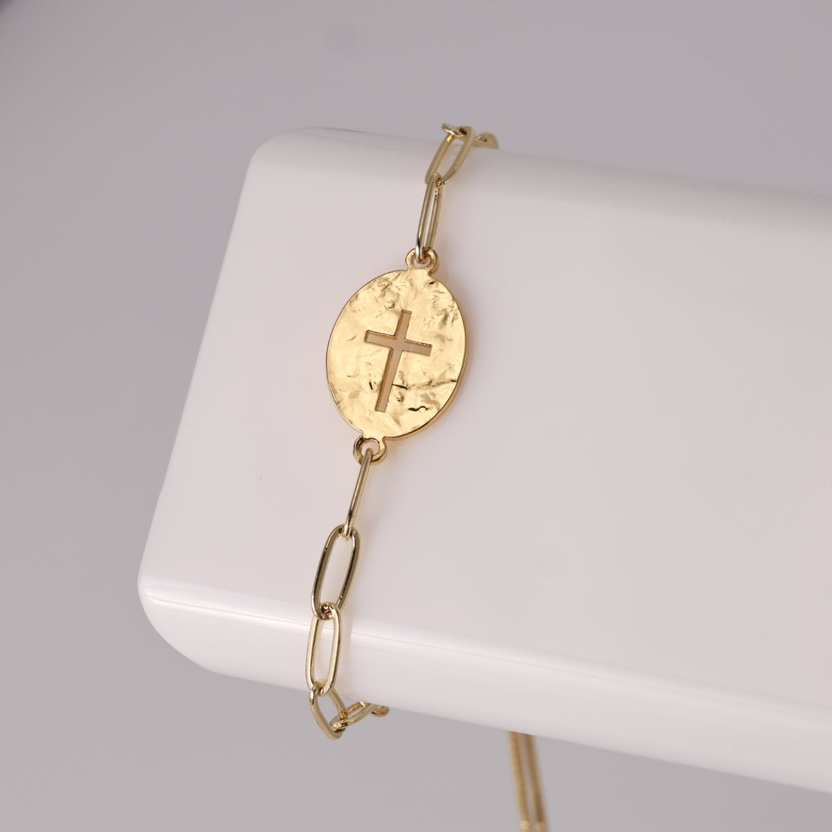 The Gilded Grace Cross Cut-Out Pulley Bracelet: Gold