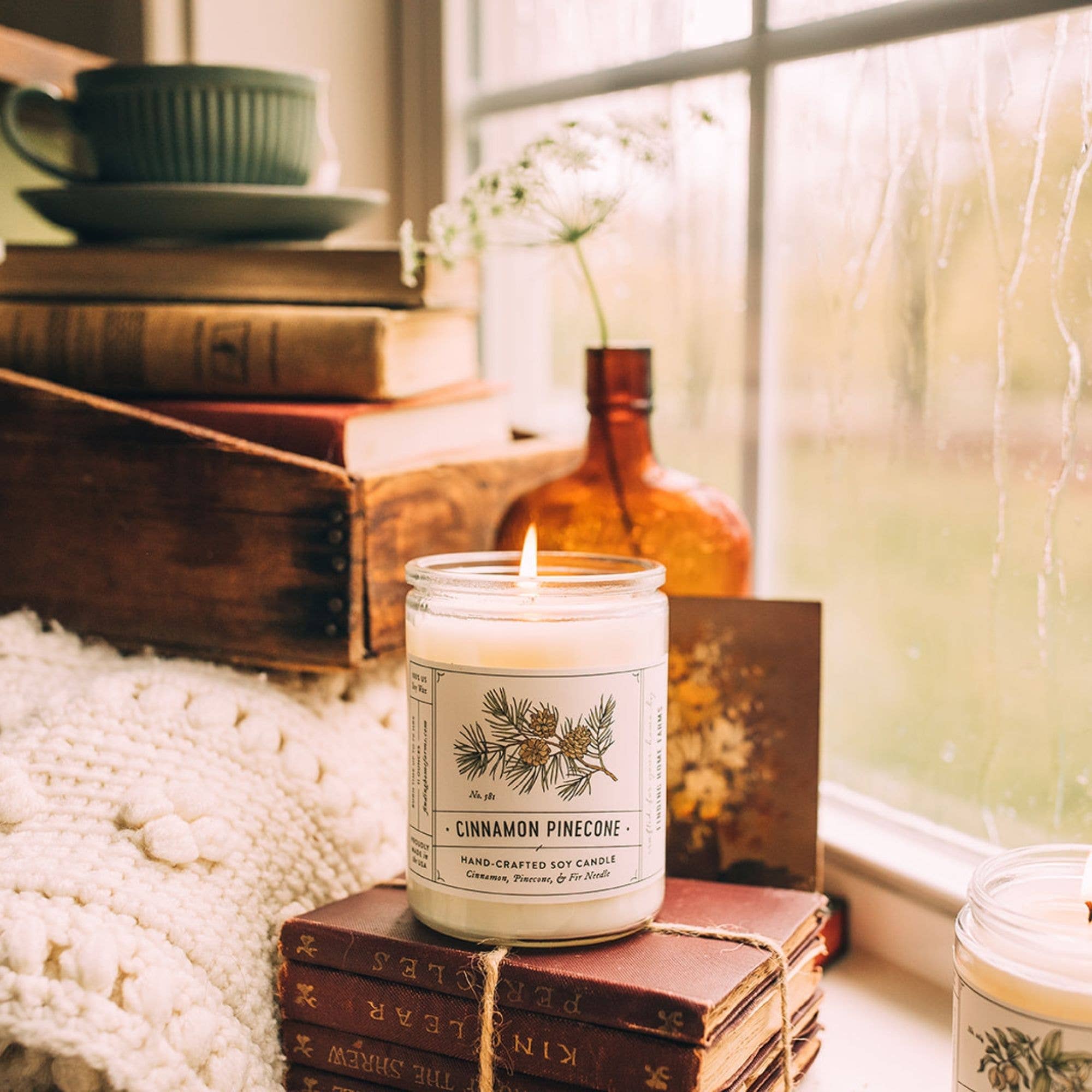 A lit candle in a clear glass jar sits on a stack of old books on a windowsill, with a cozy room scene in the background including a cup, books, and a window.
