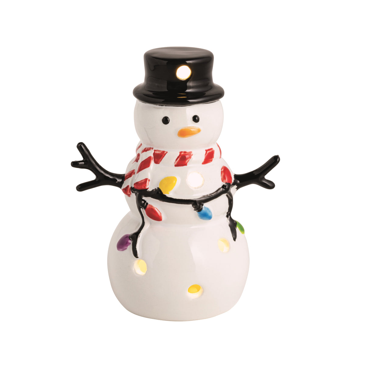 Decorative snowman with a black top hat, colorful scarf, and string lights on a white background