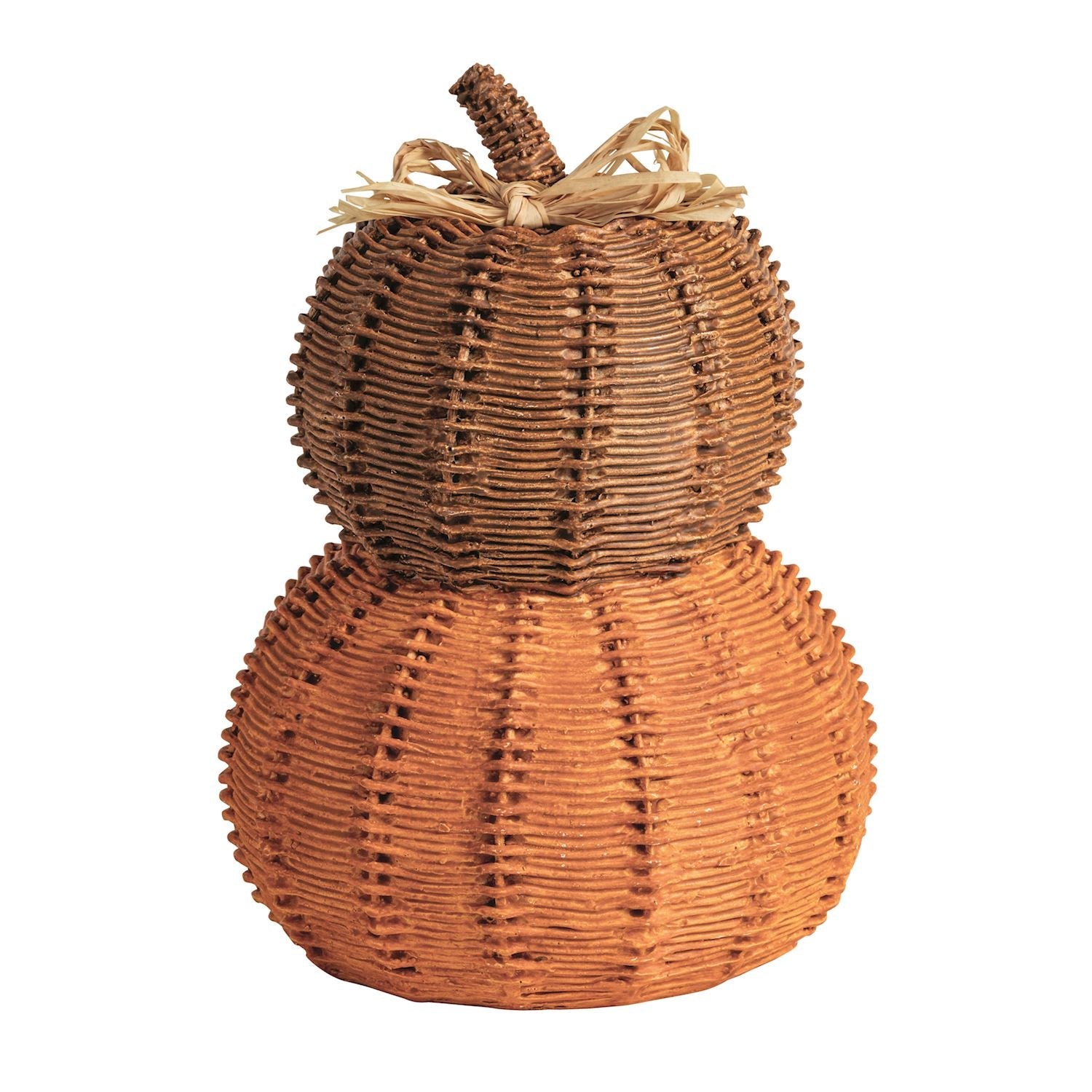 A decorative woven gourd decoration with two stacked pumpkin-like sections in natural brown and orange tones, topped with a small tan stem and bow, on a plain white background.