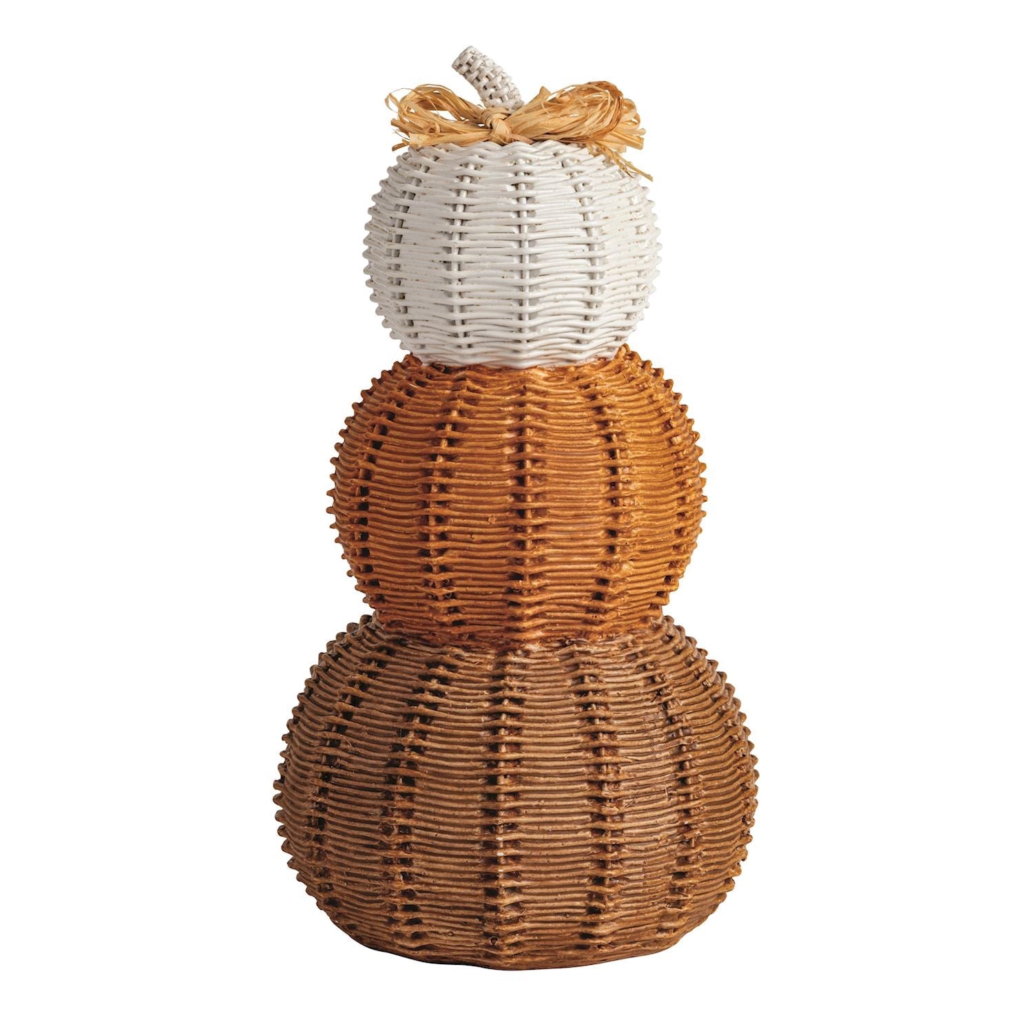 A decorative stacked gourd decoration made of woven material, featuring three tiers in natural brown, warm orange, and off-white, with a small tan raffia stem and bow on top, set against a plain white background.