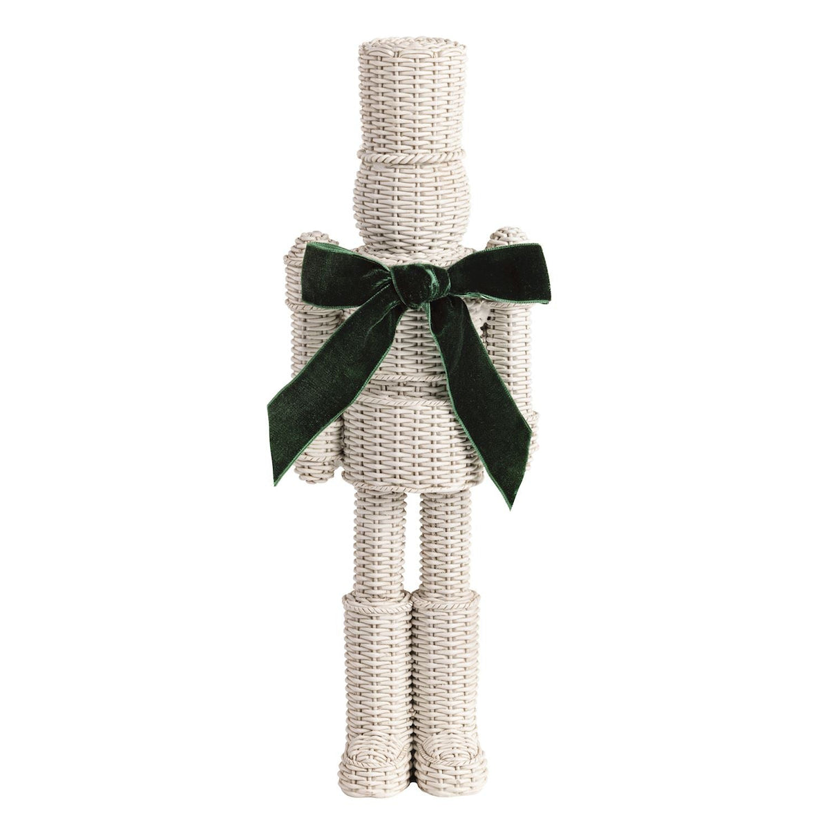 Woven nutcracker with a green ribbon on a white background