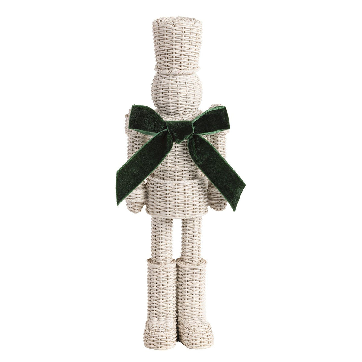 Decorative figure made of woven material with a green ribbon on a white background