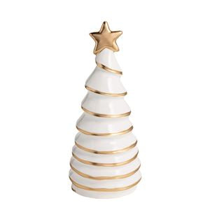 A white ceramic Christmas tree figurine with gold metallic stripes and a gold star on top, set against a plain white background.