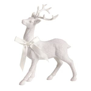 A white faux-fur reindeer figurine with antlers and a white satin bow around its neck, shown against a plain white background.