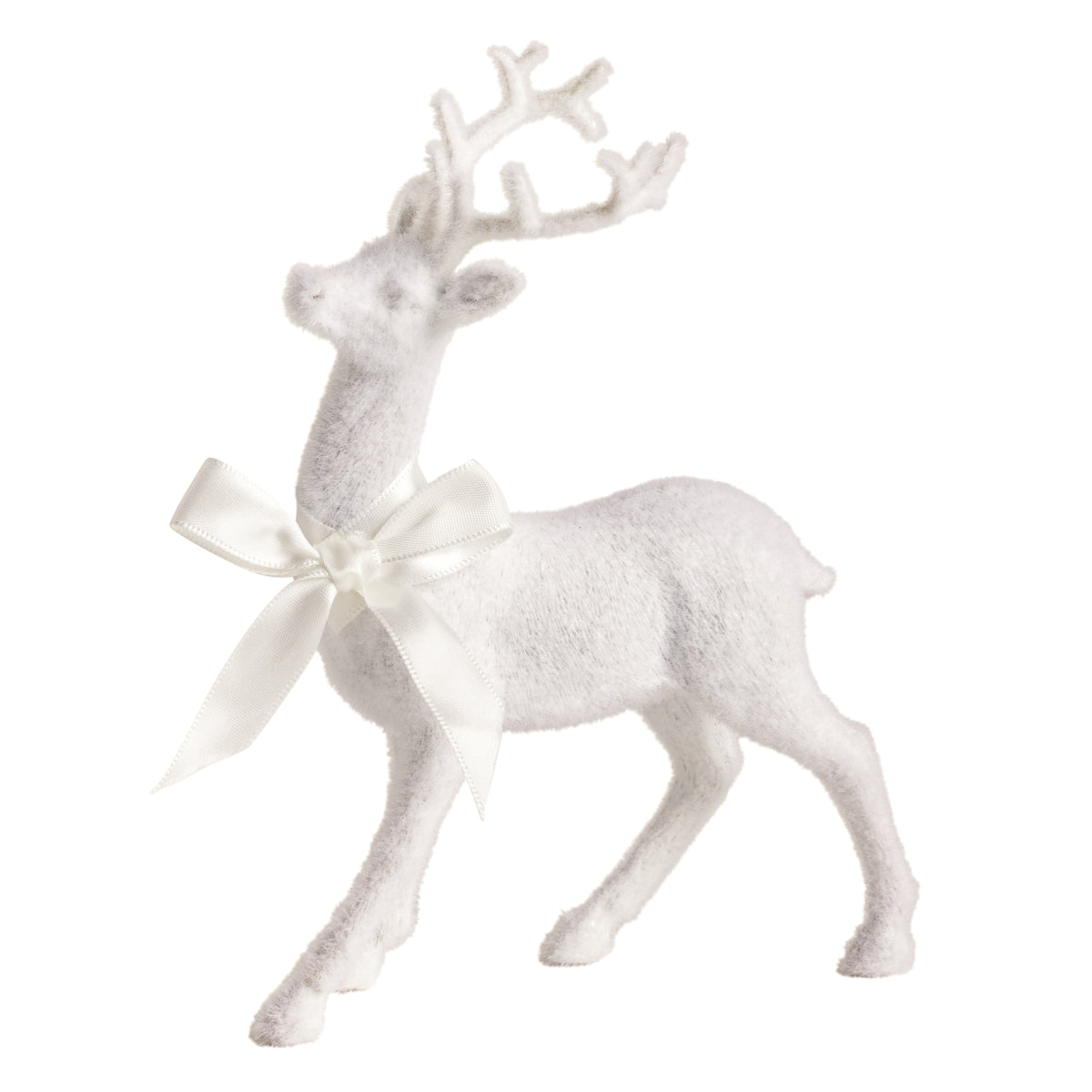A white glittery reindeer figurine with antlers and a white satin bow around its neck, shown against a plain white background.